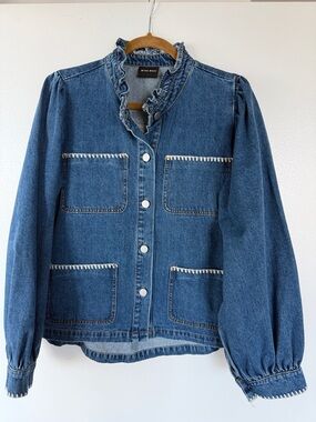 Ruffled Collar Denim Jacket in Medium Blue